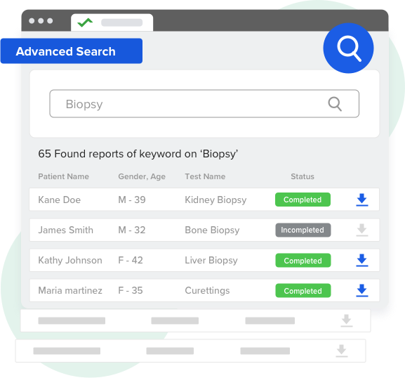 anatomic pathology software dashboard to search and analyze reports with advanced search filters and search by keywords options for quick interpretation and study