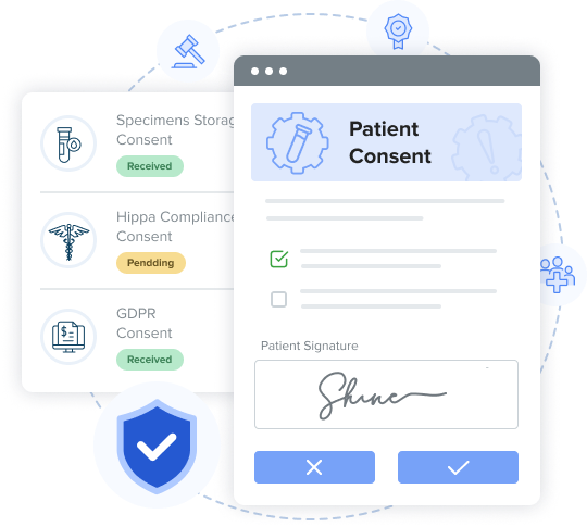 patient consent software dashboard demonstrating electronic patient consent and automated regulatory compliance tracking for gdpr, hipaa, and medical specimen storage