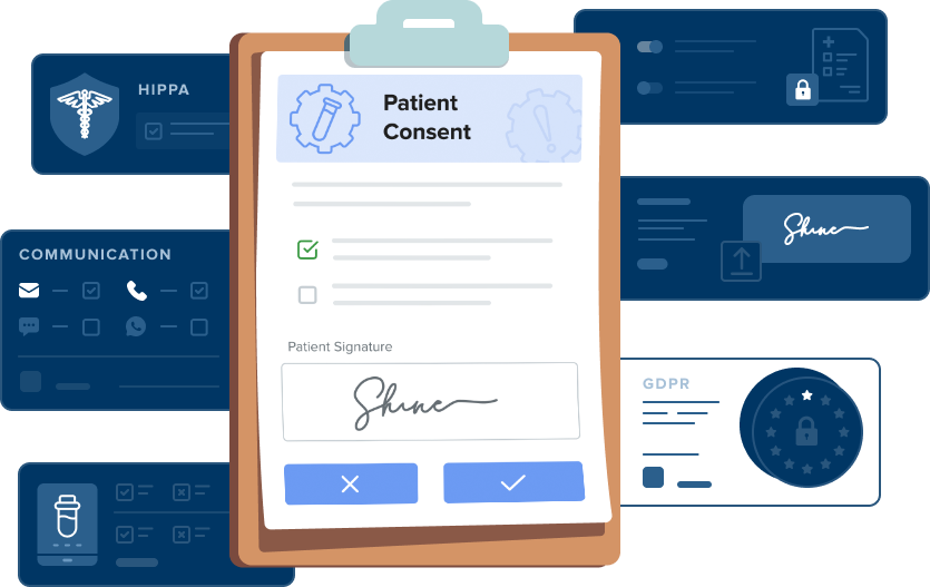 digital patient-informed consent form on a clipboard with an electronic signature, surrounded by icons for hipaa, gdpr, and communication preferences