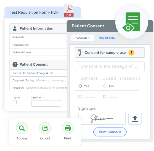 digital and pdf patient consent forms for a test requisition, showing options for sample use and storage consent, with features to access, export, and print the documents