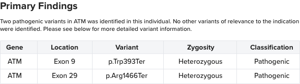 report format displaying detailed information on the pathogenic variant identified as the primary finding