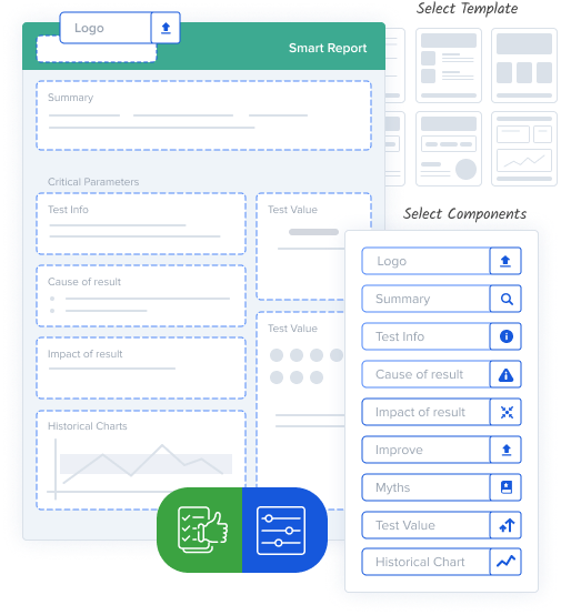 customizable smart lab report template layout with editable sections for summary, test values, historical charts, and parameter insights