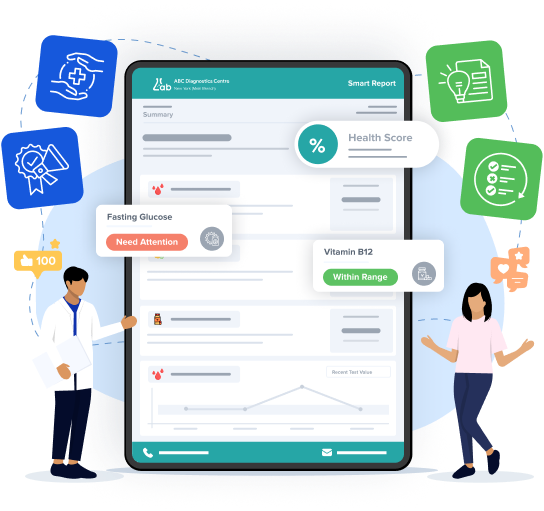 doctors reviewing a digital smart lab report with health scores, glucose alerts, and vitamin levels on a tablet using advanced smart lab report solutions